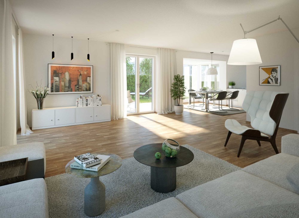 Visualisierungen Wohnzimmer mit Essbereich und Küche, Doppelhaus, Rübezahlstraße, Geretsried - Fix Visuals