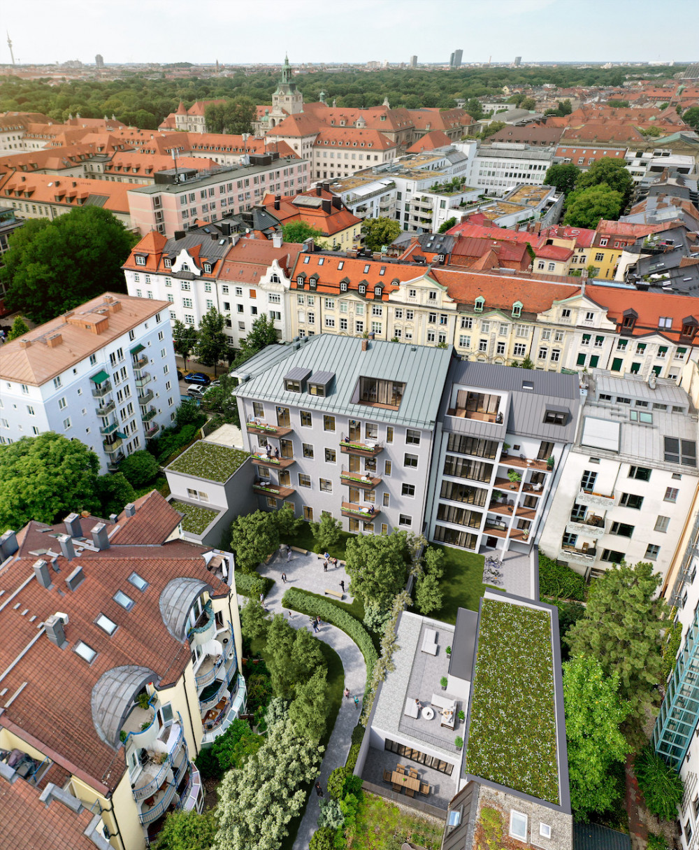Visualisierung eines denkmalgeschützten Altbaus in München und Einbettung durch Drohnenaufnahmen. - Fix Visuals